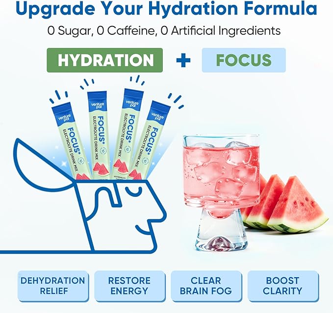 Venture Pal 2-in-1 Hydration Packets + Focus Support Electrolytes Powder, 7 Electrolytes + Vitamins, Magnesium, Lion's Mane & L-Theanine | Sugar Free Liquid Daily IV Drink Mix, Vegan, Keto, 16 Sticks