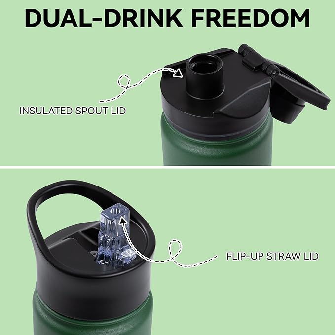 16 oz Insulated Water Bottle Bulk 4 Pack, Straw & Spout Lid, Keep Cold 24H, Spill Proof, BPA-Free, Double Wall, Stainless Steel Kids Water Bottles for School, Sports, Dark Green