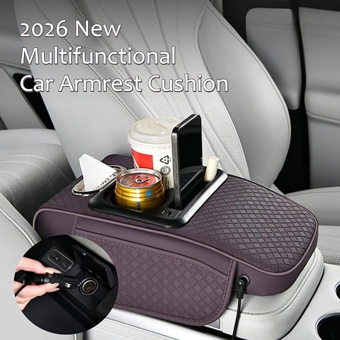 2026 Upgraded Car Center Console Cushion with 30w USB& Type-C Charging Ports, Leather Car Armrest Pad Cover, Interior Accessories for Most Vehicles (Classic Flat Version, Black-Red line)
