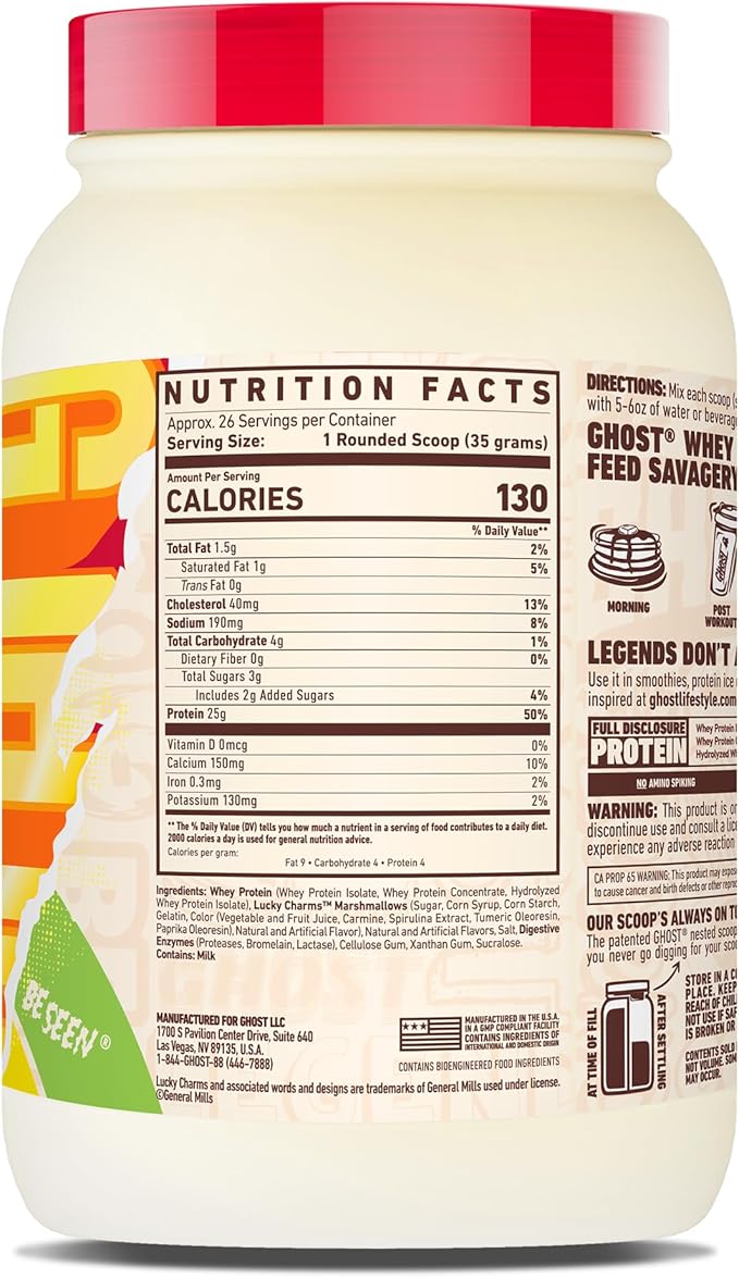 GHOST Whey Protein Powder, Lucky Charms Cereal Milk - 2LB, 25G of Protein - Whey Protein Isolate & Concentrate Blend - Post Workout Fitness & Nutrition Shakes, Smoothies & Baking - Soy & Gluten-Free