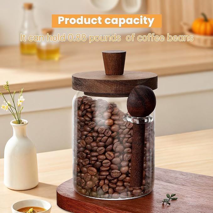 Glass Coffee Bean Storage Container, Wood Lid with Spoon, Airtight Silicone Seal, BPA-Free (550ML/18.6OZ)