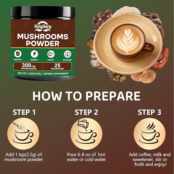 25 in 1 Mushroom Powder, Mushroom Coffee Alternative with Ashwagandha, Lion’s Mane, Chaga & More, Keto Friendly, Sugar Free, Mushrooms Extract Supplement for Immune, Focus & Energy, 60 Servings
