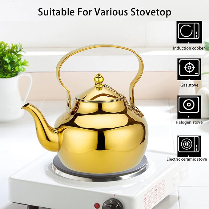 2000ml Gooseneck Teapot with Removable Infuser, 2.1qt Hot Water Kettle Boiling Water Pot, Stainless Steel Tea Kettle, Stovetop Safe Teapot Coffee Kettle for Coffee Blooming, Loose Tea, Gold