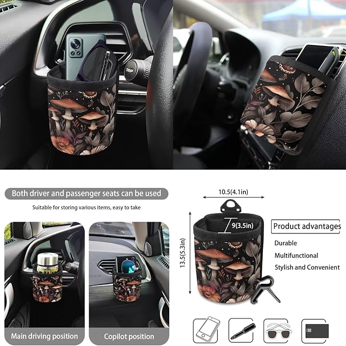 10 PCS Car Interior Accessories Sets for Women, Mushroom Flower Printed Comfortable Breathable Car Front and Back Seat Protector with Steering Wheel Cover Trash Can Coaster, Universal Fits