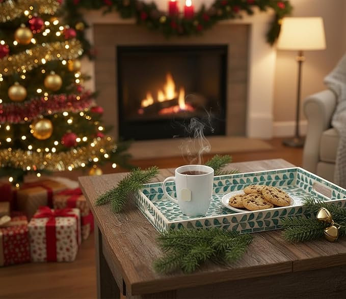 PEMAR Rectangular Mother of Pearl Serving Tray Nacre Wood Lap Ottoman Tray for Coffee Table, Luxury Decorative Handmade Eating Platters w Insert Handles (Teal Floral Pattern)