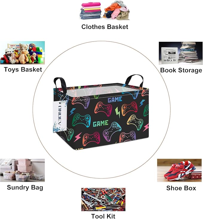 Foldable Storage Basket with Handles, Game Controller Print Toy Bin, Gaming Themed Organizer for Kids Bedroom Playroom Nursery, Clothes Laundry Hamper Gift for Boys Gamers