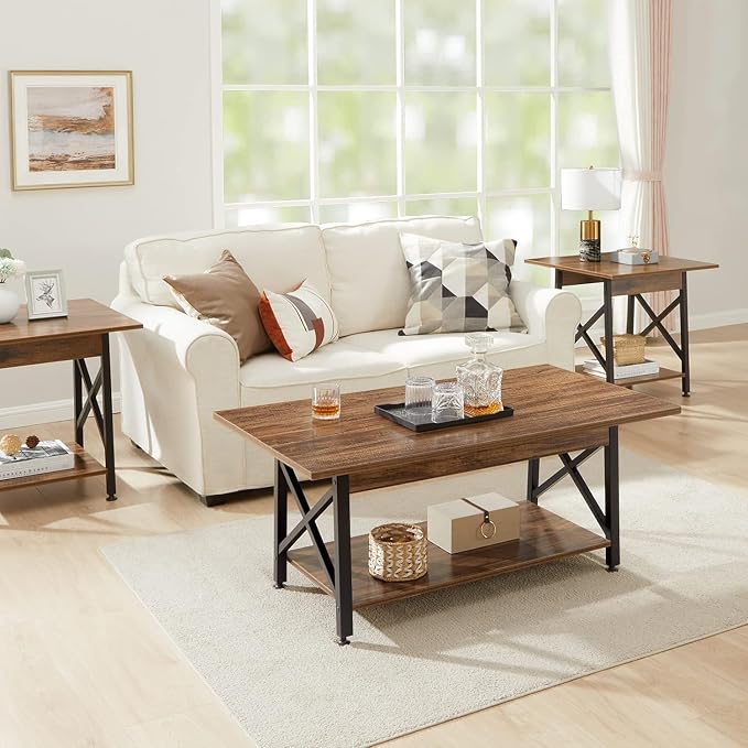 GreenForest Coffee Table with Storage, 39 inch Modern 2-Tier Coffee Tables for Living Room, X-Frame Design Farmhouse Coffee Table Space Saving Living Room Tables, Easy Assembly, Walnut