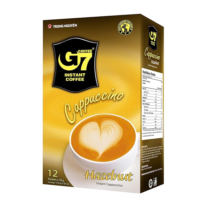 TRUNG NGUYEN G7 CAPPUCINO HAZELNUT Instant Coffee for Energy Boost - Fresh Hazelnut Flavour, Light Aroma with Thick & Soft Foam Milk - Balanced & Rich Vietnamese Instant Coffee (12 Sticks/Box)
