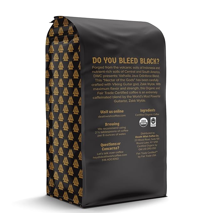 Death Wish Coffee, Valhalla Java Dark Roast Grounds - Extra Kick of Caffeine - 5 Lb. - Bold & Intense Blend of Arabica Robusta - USDA Organic - Strong Coffee for Morning Boost