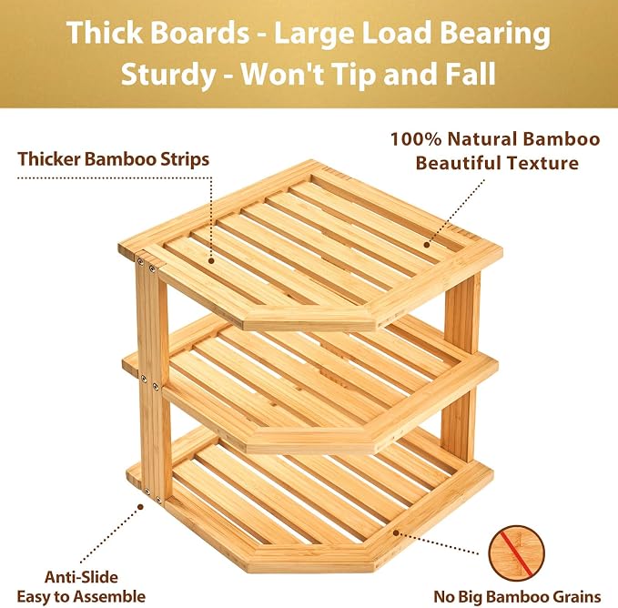 Umilife Plate Organizer for Cabinet, Extra Tall Bamboo Corner Shelf, Dish & Bread Organizer, Spice Rack, Kitchen Bathroom Countertop Storage Organization Space Saver