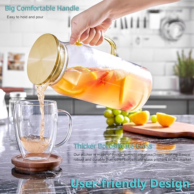 Bivvclaz 2 Liter 68 oz Gold Glass Pitcher with Lid and Handle, Glass Carafe for Hot/Cold Water, Large Iced Tea Pitcher for Coffee, Juice and Homemade Beverage