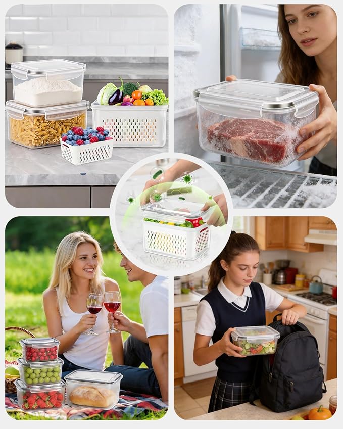 TBMAXS 4 Pack Food Storage Containers Fruit Containers for Fridge with Colander Airtight BPA Free Plastic Berry Keeper Container Produce Saver Vegetables Keep Fresh