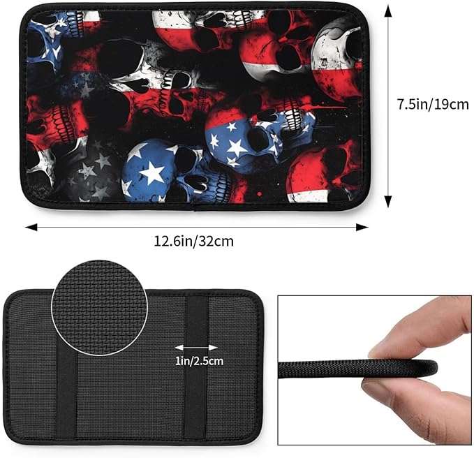 Universal Car Center Console Cushion Pad, American Flag Skull Soft Waterproof Car Center Console Cover Auto Armrest Seat Box Cover Protector for Most Vehicle SUV Truck Car