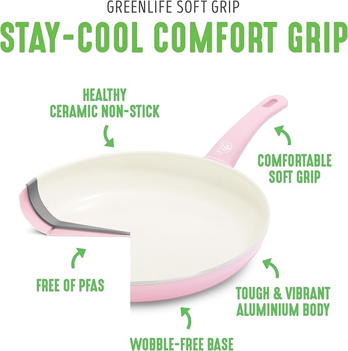 GreenLife 6QT Ceramic Nonstick Stockpot with Glass Straining Lid, PFAS-Free, Dishwasher Safe, Stay-Cool Handles, Oven Safe to 350°F, Wobble-Free Base, Even Heating, Pink