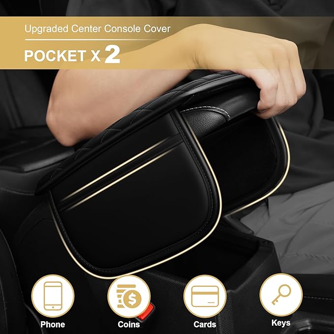 Center Console Cover for RDX: Armrest Cover for Car with 2 Storage Bags - Scratch & Wear Resistant & Waterproof Leather Console Cover,Anti-Scratch Auto Armrest Pad Accessory （Black