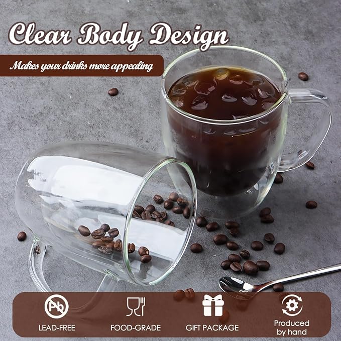 Double Walled Glass Coffee Mugs, 18oz Glass Coffee Cup Set of 2, Double Insulated Coffee Mugs for Espresso, Cappuccino, Latte, Tea Bag, Hot Beverages
