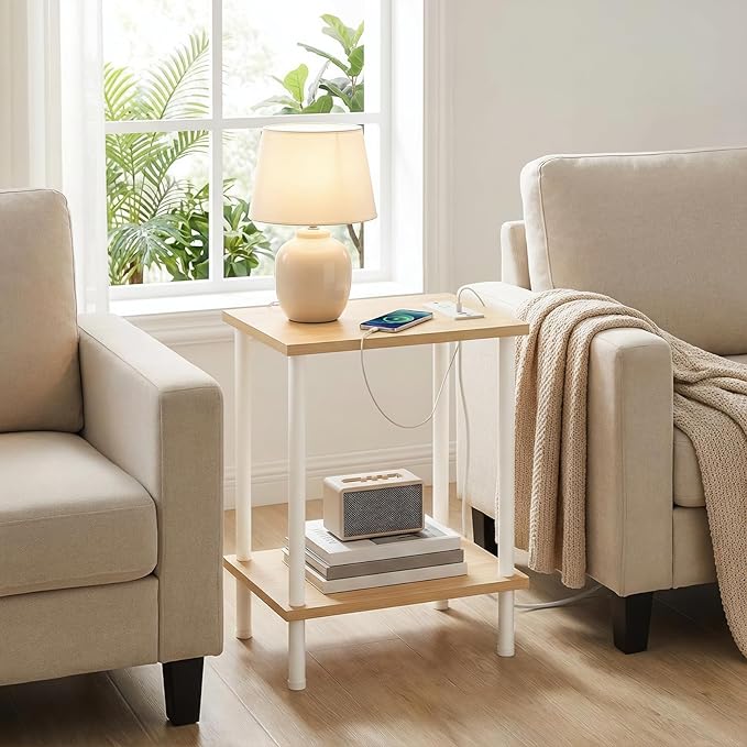 HOOBRO Side Table with Charging Station, Set of 2 End Tables with USB Port and Outlets, Nightstand with 2-Layer Storage Shelves for Small Spaces, Living Room, Bedroom, Natural and White WN09UBZP201