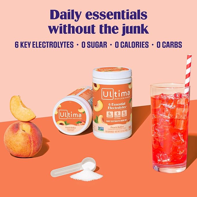 Ultima Replenisher Mocktini Electrolyte Powder Drink Mix – Sugar Free – Peach Bellini, 90 Servings – Hydration Powder with 6 Key Electrolytes and Trace Minerals – Keto Friendly, Non-GMO