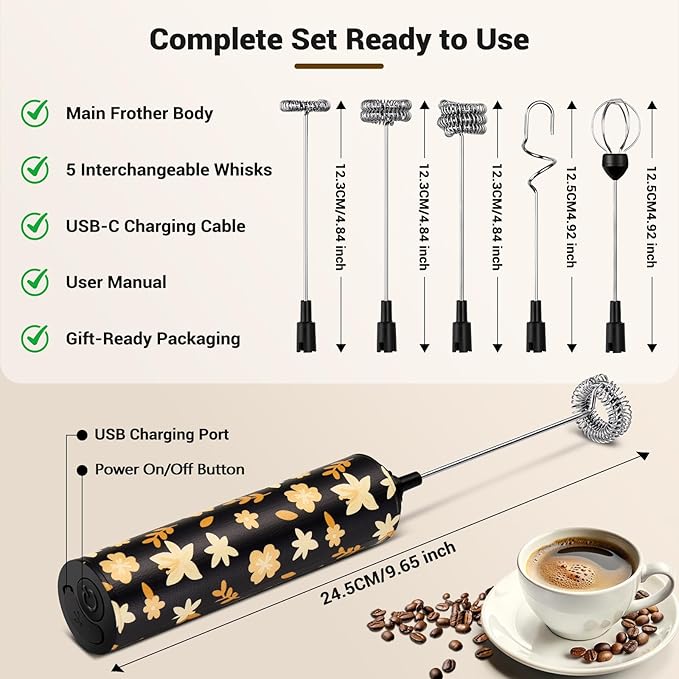Milk Frother Handheld Rechargeable - 2-Speed Electric Whisk with 5 Detachable Heads (Frother/Mixer/Whisk) for Coffee, Latte, Cappuccino & Matcha, Drink Mixer (Flower 13)