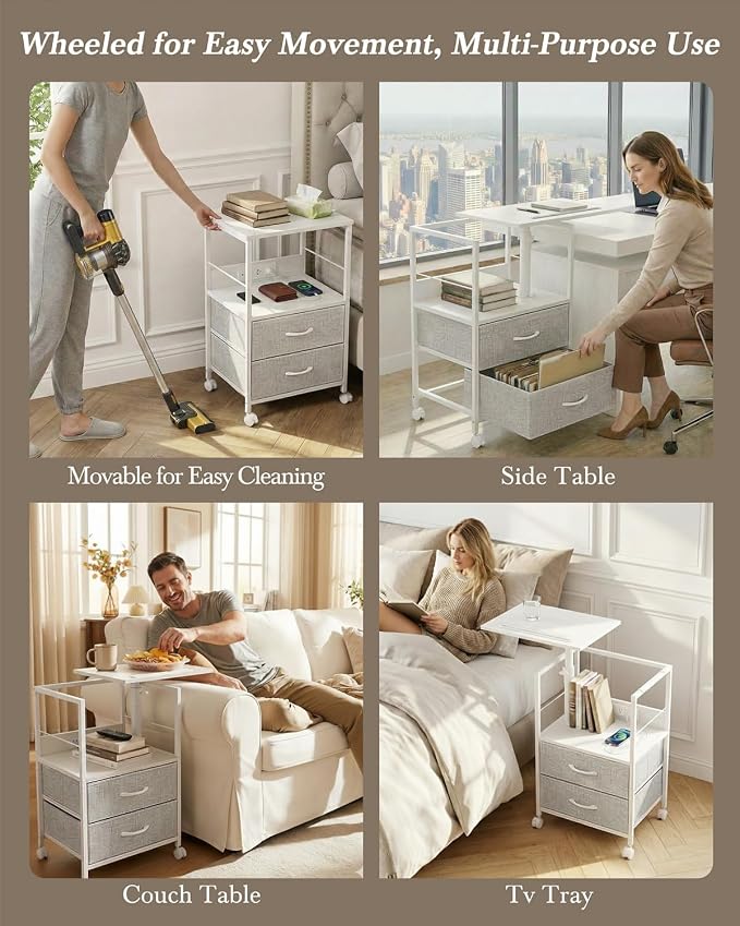 Faesun Swivel Lift Top Nightstand with Charging Station, Rolling Side Table for Recliner, Bedside Table with Wheels & 2 Fabric Drawers, for Small Spaces, for Bedroom, Living Room, White Gray