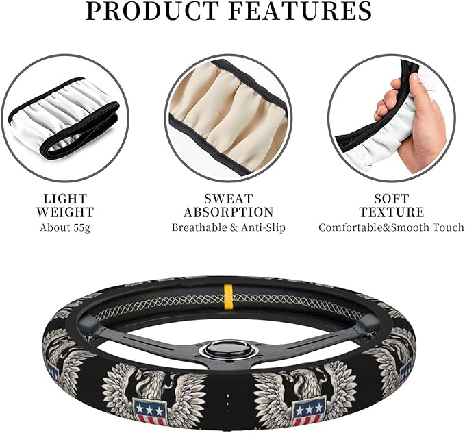 Car Steering Wheel Cover with Anti-Slip Lining, Universal 15 inch Wheel Cover, Fashion Car Interior Accessories for Women Men - Bald Eagle