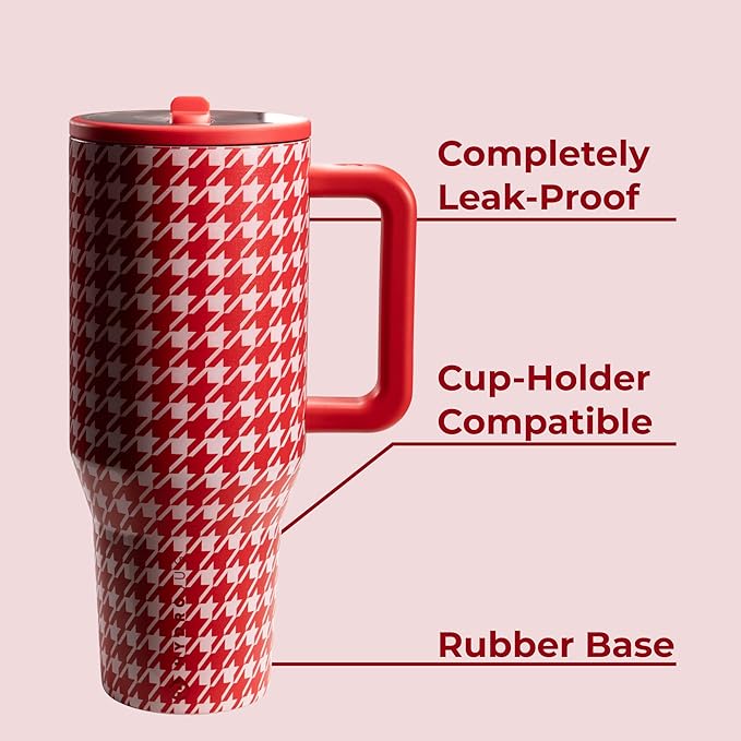 HydroJug Traveler - 40 oz Water Bottle with Handle & Flip Straw - Fits in Cup Holder, Leak Resistant Tumbler-Reusable Insulated Stainless Steel & Rubber Base - Gifts for Women & Men, Halle Houndstooth