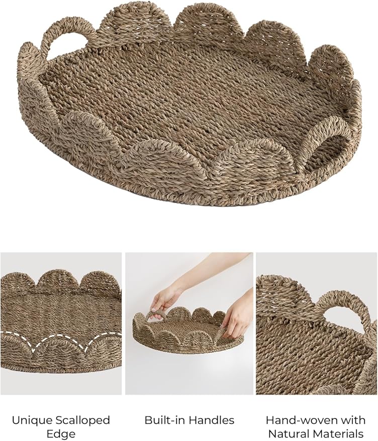 StorageWorks Scalloped Edge Wicker Serving Tray, Woven Rattan Table Trays with Handle, Wicker Tray for Room Décor, Seagrass Tray for Ottoman, Scalloped Organizer Trays