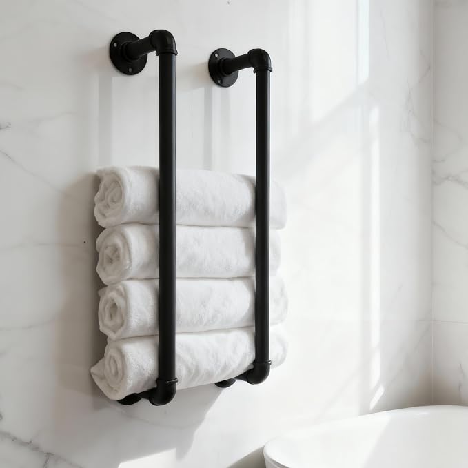 Towel Racks for Bathroom Wall Mounted 24 Inch,Industrial Pipe Towel Storage Organizer Towel Holder(Black)