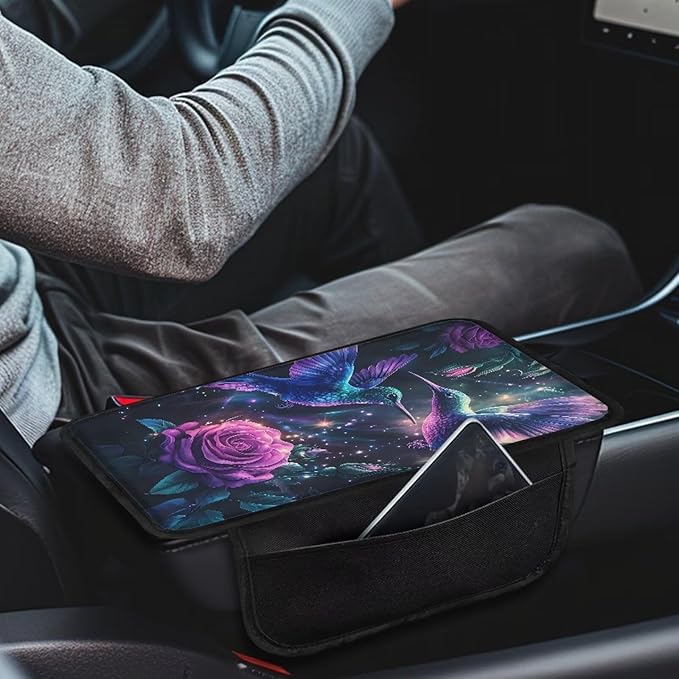 Dreaweet Hummingbird Rose Center Console Cover Fashion Car Accessories for Women,Car Console Covers with Pockets,Universal Armrest Cover Soft Comfy Arm Rest Pad for SUV Truck Van
