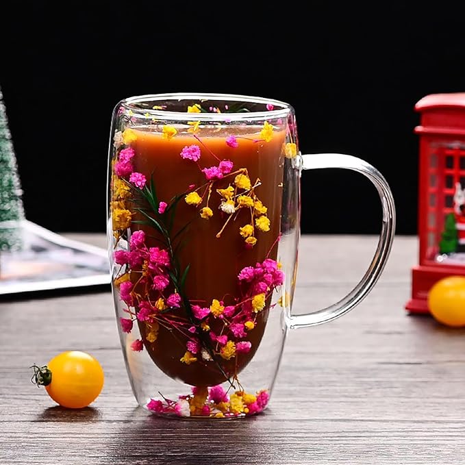 Creative Flowers Double Wall Clear Glass Coffee Mug with Handle, Aesthetic Dried Flowers Coffee Mug, Clear Double Insulated Glass Cup for Hot and Cold Beverages, Cappuccino, (D)