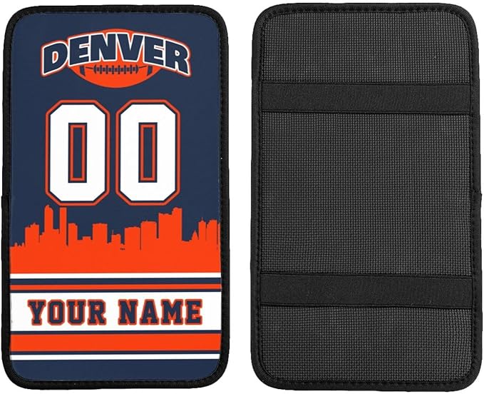 Custom Denver Car Armrest Covers Personalized Football Style with Name Number Customized Auto Center Console Pad Car Handrail Box Cushion for Most Vehicle Decor Accessories, Fans Gift