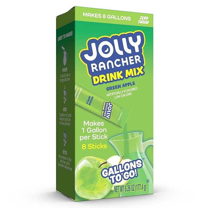 Jolly Rancher Gallons To Go Powdered Drink Mix, 8-Count Box– Green Apple – Low Calorie and Zero Sugar Drink Mix, Each Stick Makes 1 Gallon-Sized Pitcher