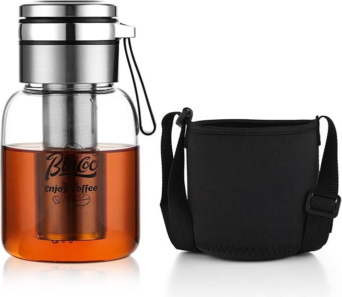 Bincoo Tea Infuser Bottle Glass Cold Brew Coffee Maker with Extended Long Filter – Premium, Durable, Easy-to-Clean Glass Bottle Stainless Steel Filter for Smooth Coffee & Tea (17oz / 500ml)