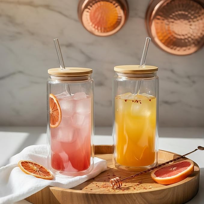 4 Pack Glass Cups with Lids and Straws 16 oz Double Wall Glass Tumbler Insulated Borosilicate Iced Glass Coffee Cups for Iced Coffee, Smoothies, Tea, Juice