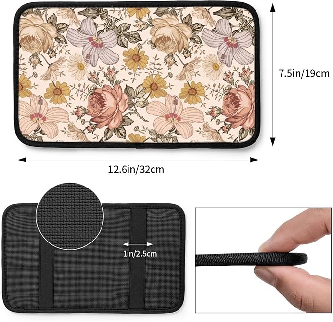 Vintage Floral Boho Peony Daisy Car Center Console Cover Car Armrest Cushion Waterproof Middle Console Cover Car Arm Rest Cover Pad Comfortable Car Accessories Interior for SUV Sedan Truck