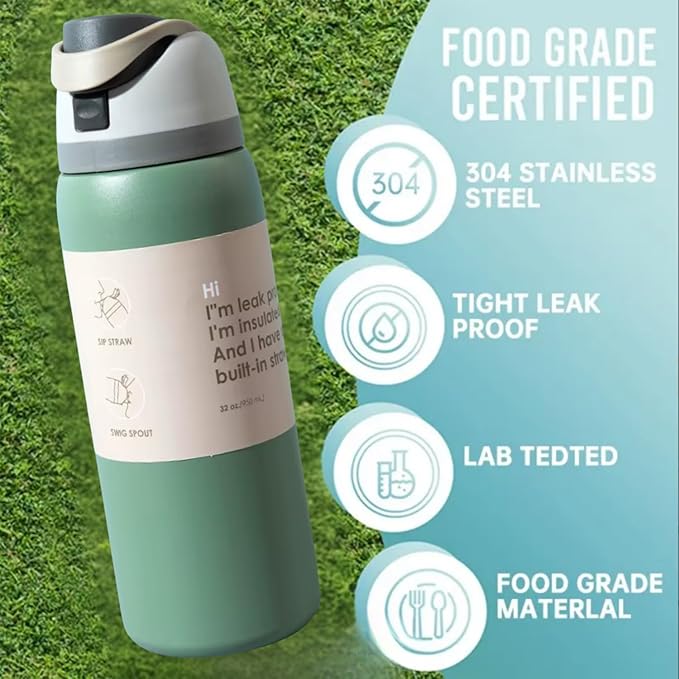 DUTHINGS Insulated Stainless Steel Water Bottle with Straw, 32 oz, Reusable Sports and Travel Bottle for School, Kids, and Outdoors - Leakproof and BPA-Free (GREEN)