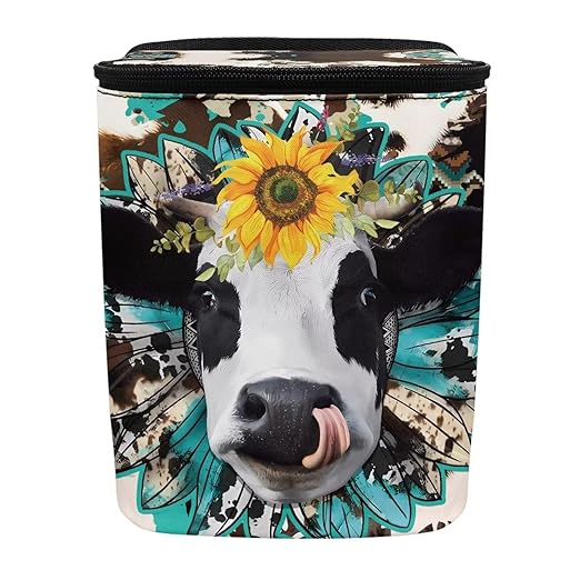 Cow Print Car Trash Can Bin with Lid,Leak Proof Portable Small Garbage Bag Waste Rubbish Storage Bin for Back Seat Road Trip Travel，Aztec Cow Car Accessory for Women