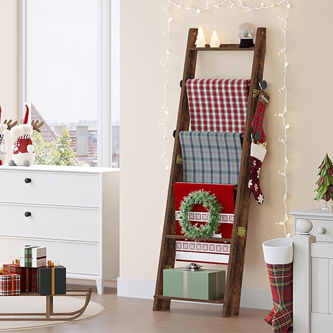 Hzuaneri Blanket Ladder for Living Room, Decorative Quilt Rack with 4 Removable Hooks, 6-Tier Blanket Ladder Shelf for Bedroom,Rustic Brown BR30601X