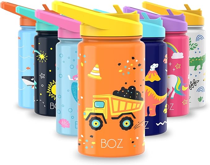 BOZ Kids Insulated Water Bottle with Straw Lid, Stainless Steel Vacuum Double Wall Water Cup, 14 oz (414ml). Scratch-resistant Cute Print and Carry Handle, BPA-free and Dishwasher-safe (Construction)