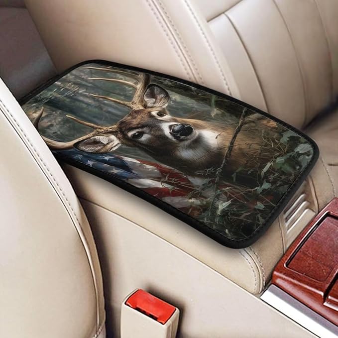 Flag Elk Car Center Console Non-Slip Armrest Cover Vintage Deer Jungle Hunting Arm Rest Seat Box Covers Protector Fit for Most Cars Sedans Vans Truck Vehicles, SUVs