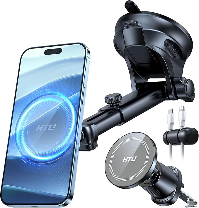 【Military-Grade】HTU for MagSafe Car Mount【Upgraded Strongest Suction】Magnetic Phone Holder Cell Stand for Dashboard Windshield Vent,Truck Cradle for iPhone 17 Pro Max 16 15 14 13 12 Tesla,Neutral Gray