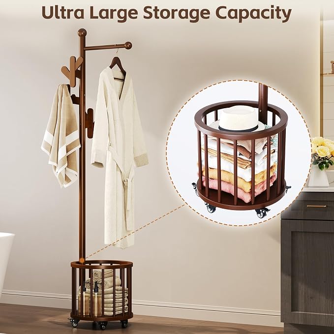 Uniclinens Freestanding Wooden Coat Rack with Umbrella Holder，Walnut Coat Rack with Hooks, Space-Saving Entryway Organizer for Hanging Clothes and Storing Towels, Bedroom, Living Room