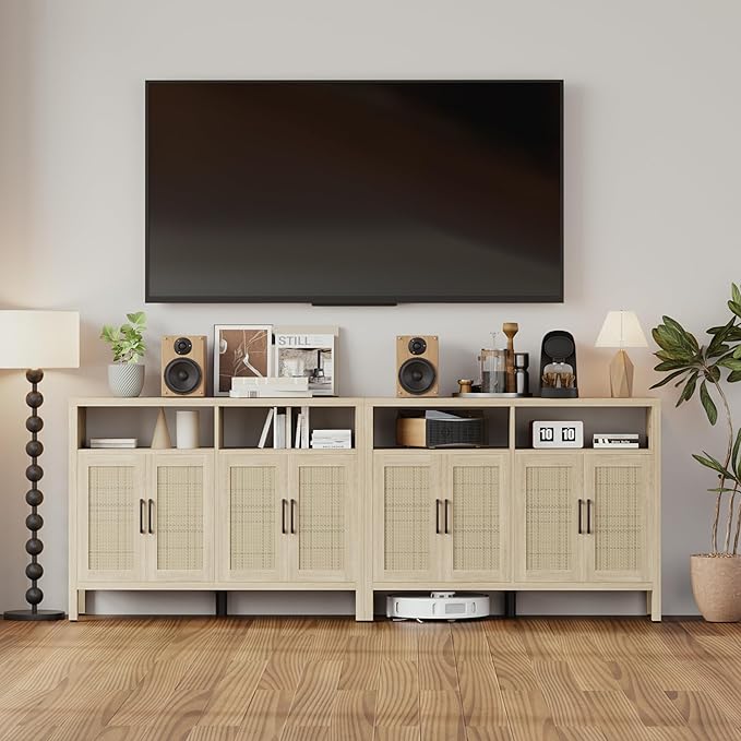 Mericonia Rattan Buffet Cabinet with Storage, Sideboard with Doors, Console Table, Farmhouse Coffee Bar, Modern Wood Storage Cabinets TV Stand(Oak 2.0)