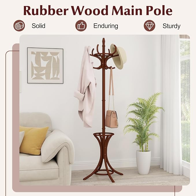 Giantex Solid Wood Coat Rack, Freestanding Hanger Stand w/12 Hooks, Umbrella Holder, Entryway Hall Tree for Coat, Hats, Scarves, Bags, Wooden Garment Rack for Bedroom, Hallway (Reddish Brown)