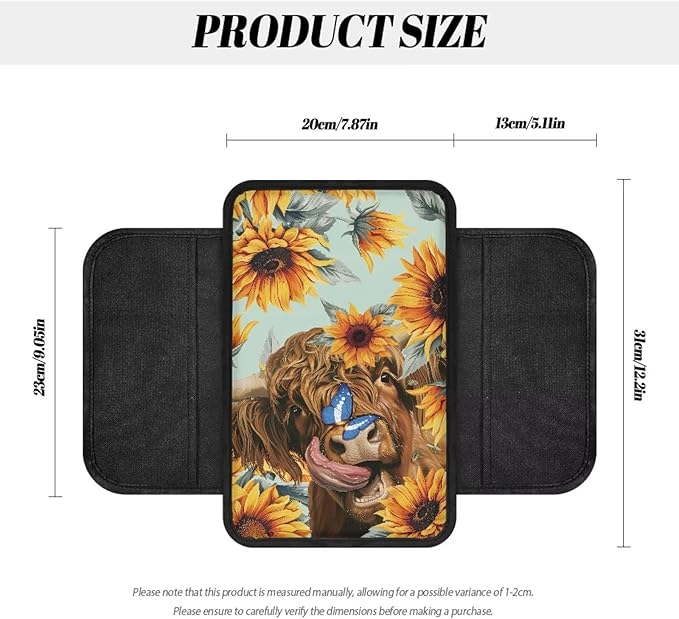 Dreaweet Center Console Cover with Pockets Sunflower Highland Cow Car Accessories for Women Interior,Arm Rest Cover for Car Truck SUV,Universal Car Armrest Cover Cushion Pad