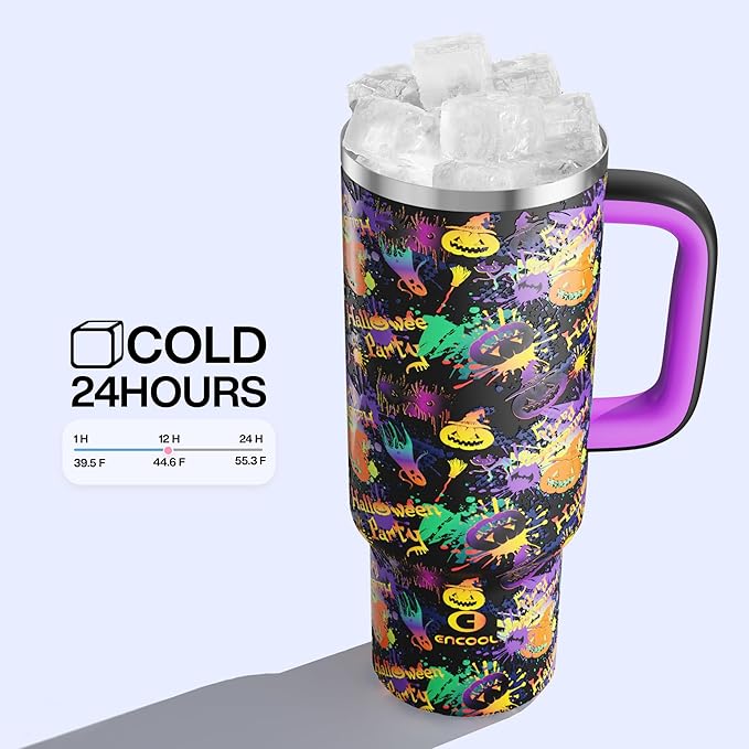 ENCOOL 40 oz Tumbler with Handle and Straw: Stainless Steel Insulated Tumbler Keeps Cold for 24 Hours, Leakproof Travel Cup Fits in Cup Holder and BPA-Free, Ghost Party