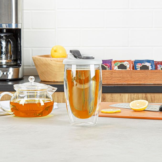 Restaurantware - Forma Professional 15.2 Ounce Insulated Travel Mug With Lid, 1 Double Wall Coffee Mug - Includes Lid, Reusable, Clear Borosilicate Glass Tumbler, Dishwashable, Microwavable