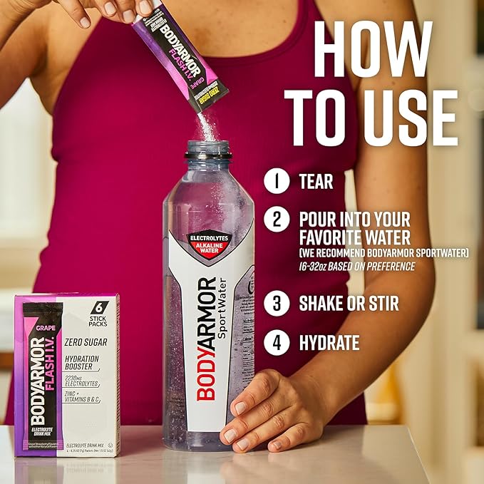BODYARMOR Flash IV Electrolyte Packets, Grape - Zero Sugar Drink Mix, Single Serve Packs, Coconut Water Powder (6 Count) (Pack of 2)