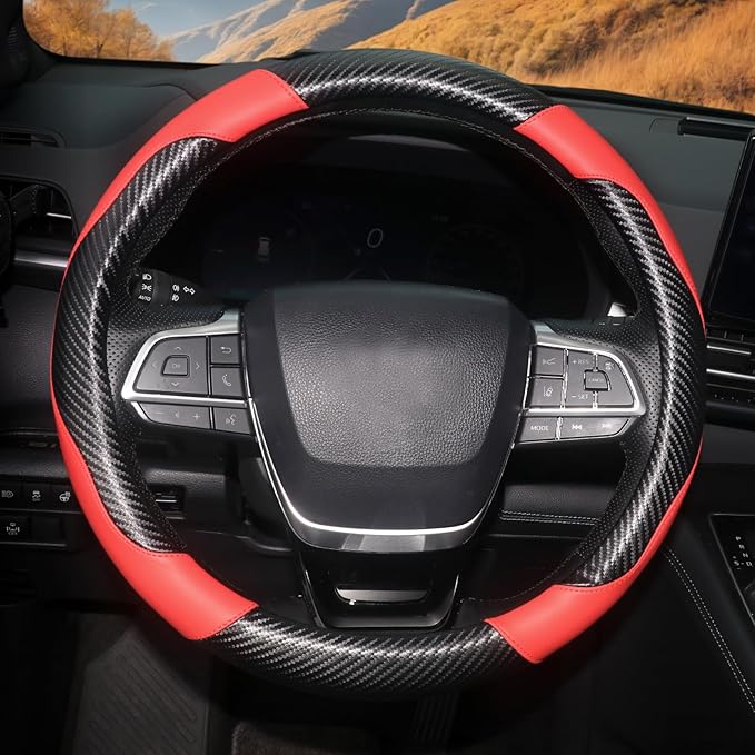 ZHOL Carbon Fiber Leather Car Steering Wheel Cover, Non-Slip, Safe, Breathable, Durable, Full Coverage, Sporty Style (Black and Red)