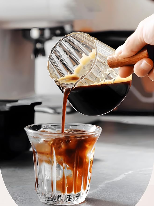 2-Pack Espresso Cups 6OZ, Espresso Accessories, Expresso Shots Cup, Espresso Shot Glass with V-Shaped Mouth, Ribbed Milk Frothing Pitcher, Glass Measuring Cup